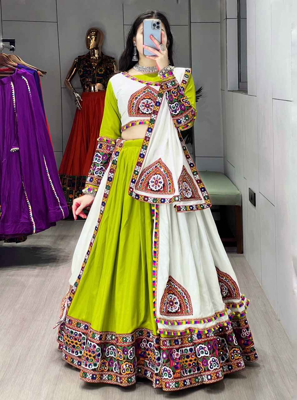 Parrot Pure Rayon Cotton Plain With Real Mirror Gamthi Work Navratri Lehenga Choli