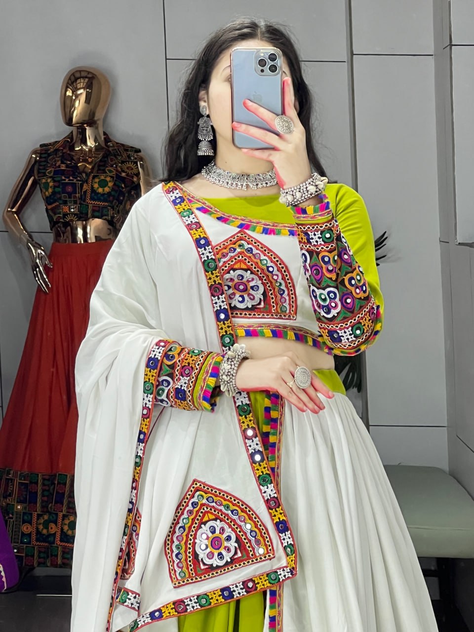 Parrot Pure Rayon Cotton Plain With Real Mirror Gamthi Work Navratri Lehenga Choli