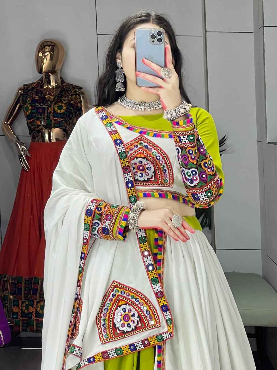 Parrot Pure Rayon Cotton Plain With Real Mirror Gamthi Work Navratri Lehenga Choli