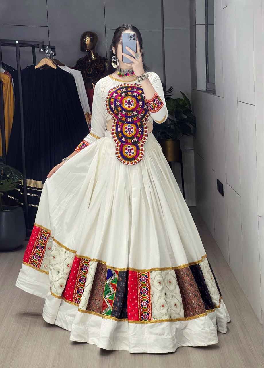 White Pure Rayon Cotton Multi Designs Prints Navratri Lehenga Choli