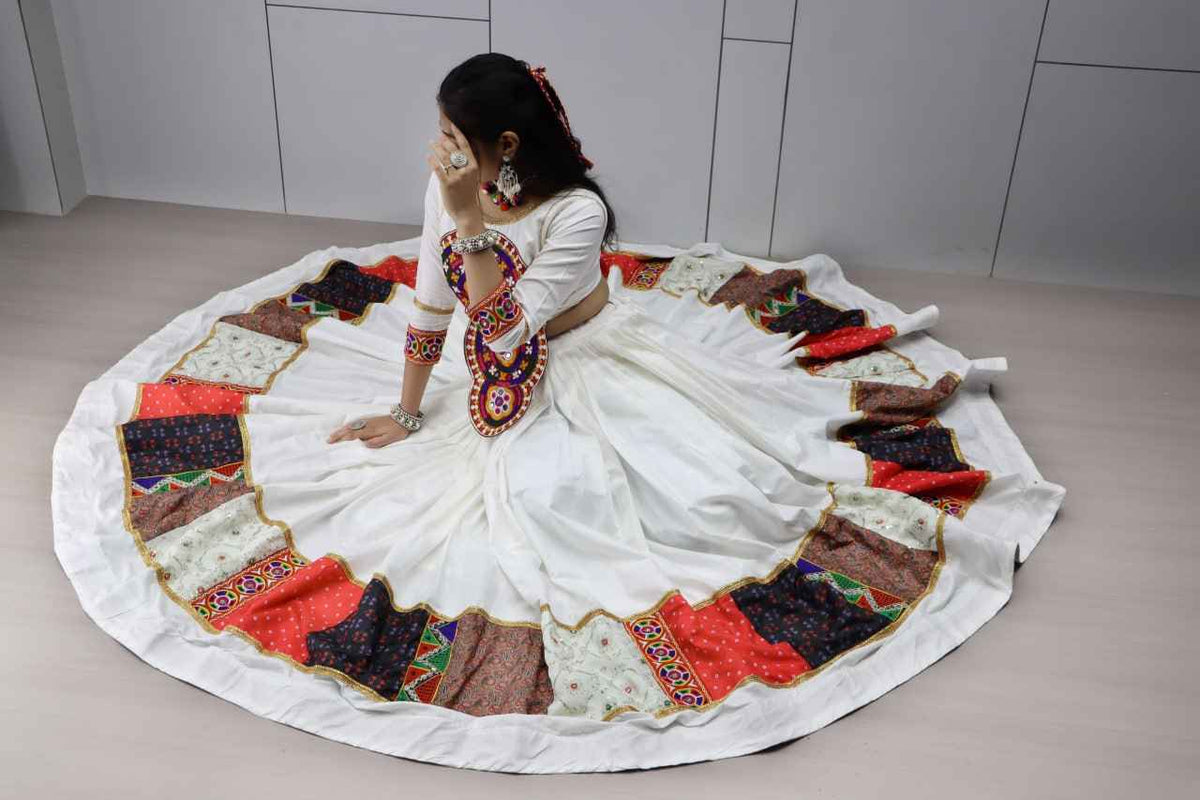 White Pure Rayon Cotton Multi Designs Prints Navratri Lehenga Choli