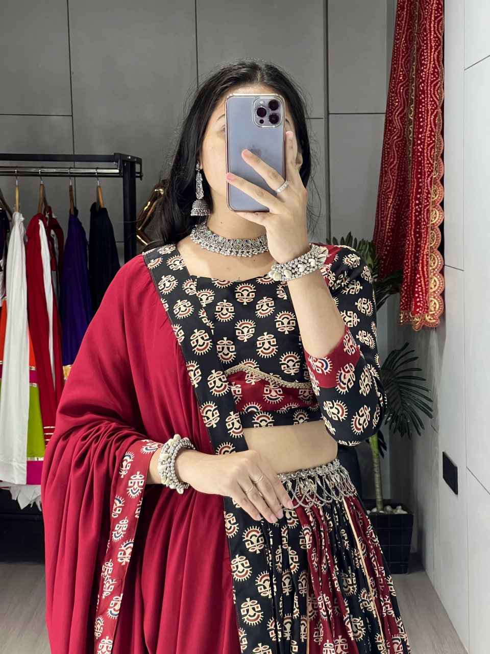 Maroon Pure Rayon Cotton Two Color Ajrakh Print Navratri Lehenga Choli