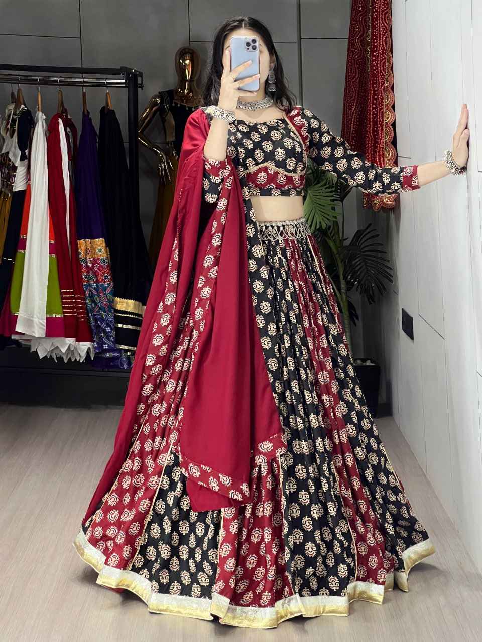 Maroon Pure Rayon Cotton Two Color Ajrakh Print Navratri Lehenga Choli