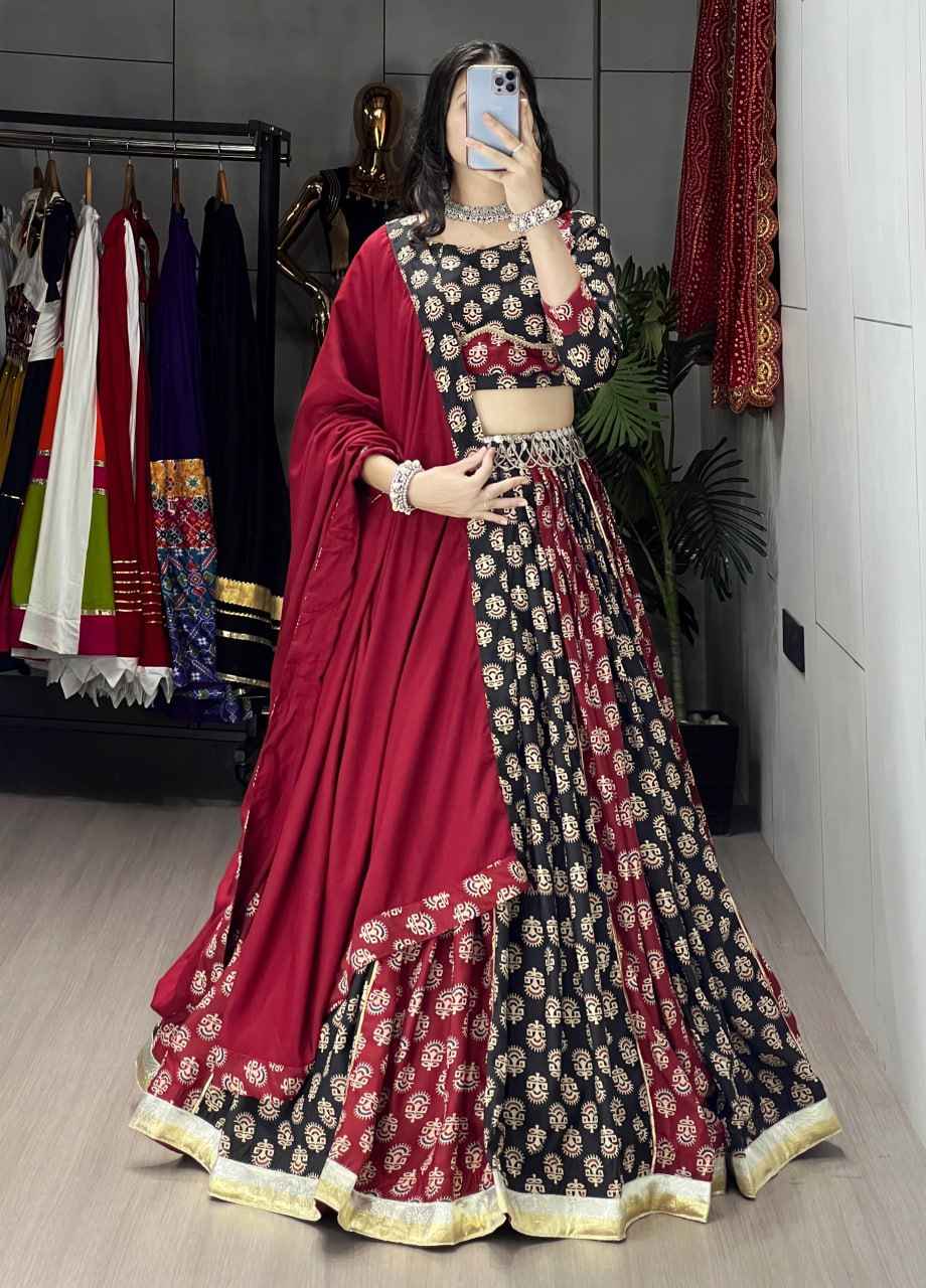 Maroon Pure Rayon Cotton Two Color Ajrakh Print Navratri Lehenga Choli