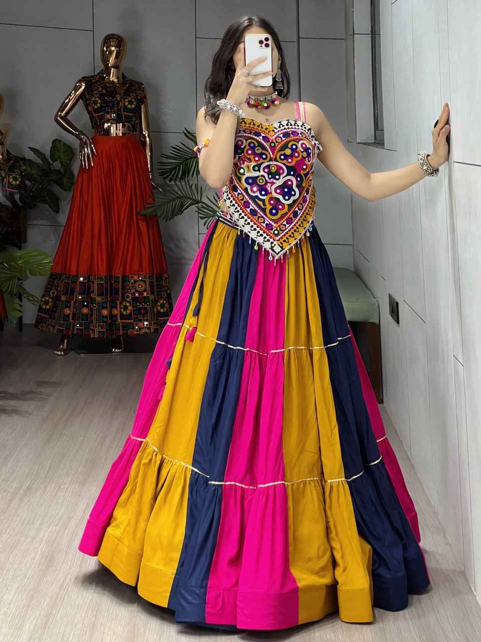Multicolour Pure Rayon Cotton Multicolour Combination Navratri Lehenga Choli