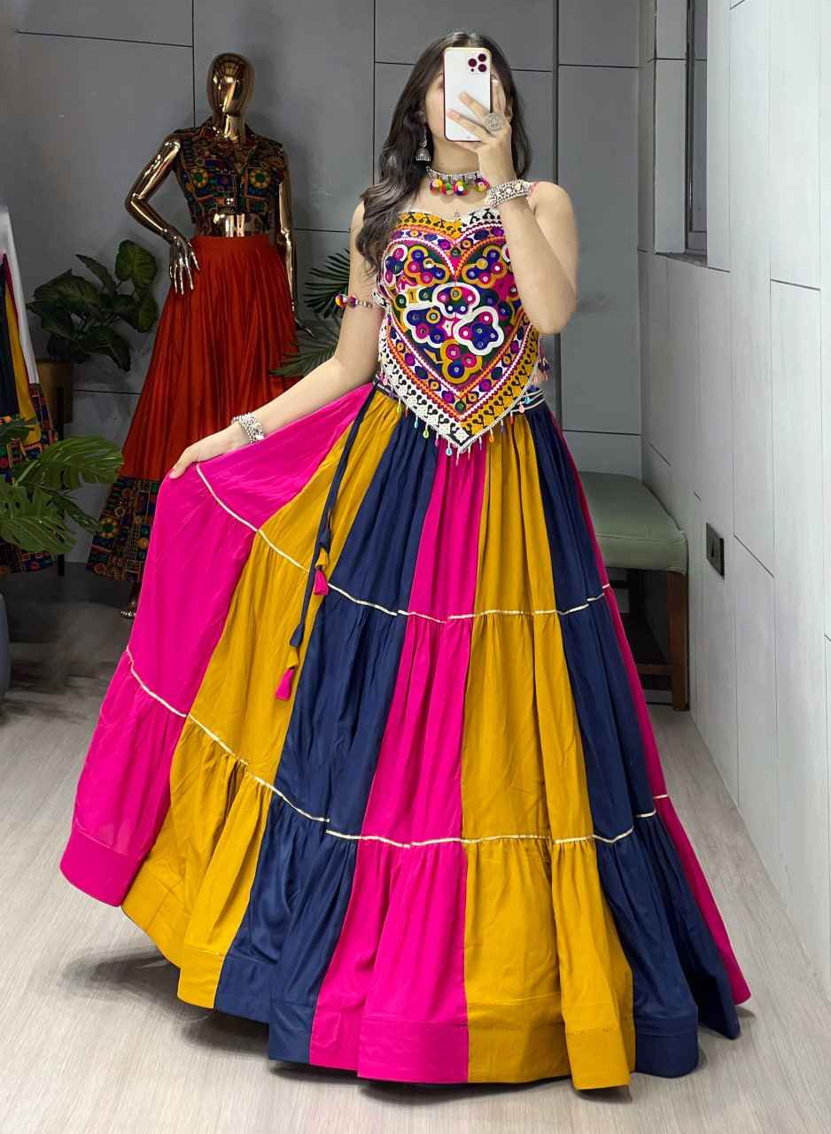 Multicolour Pure Rayon Cotton Multicolour Combination Navratri Lehenga Choli