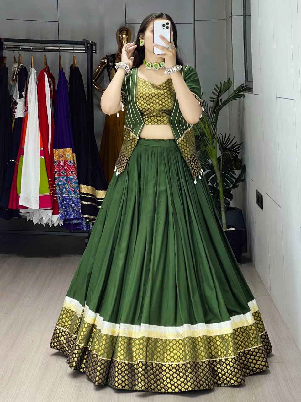 Mehndi Pure Rayon Cotton Plain With Silk Butti Daaman Navratri Lehenga Choli