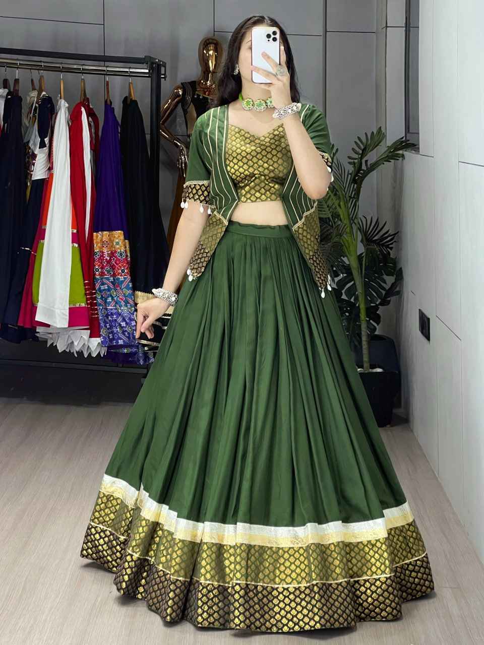 Mehndi Pure Rayon Cotton Plain With Silk Butti Daaman Navratri Lehenga Choli