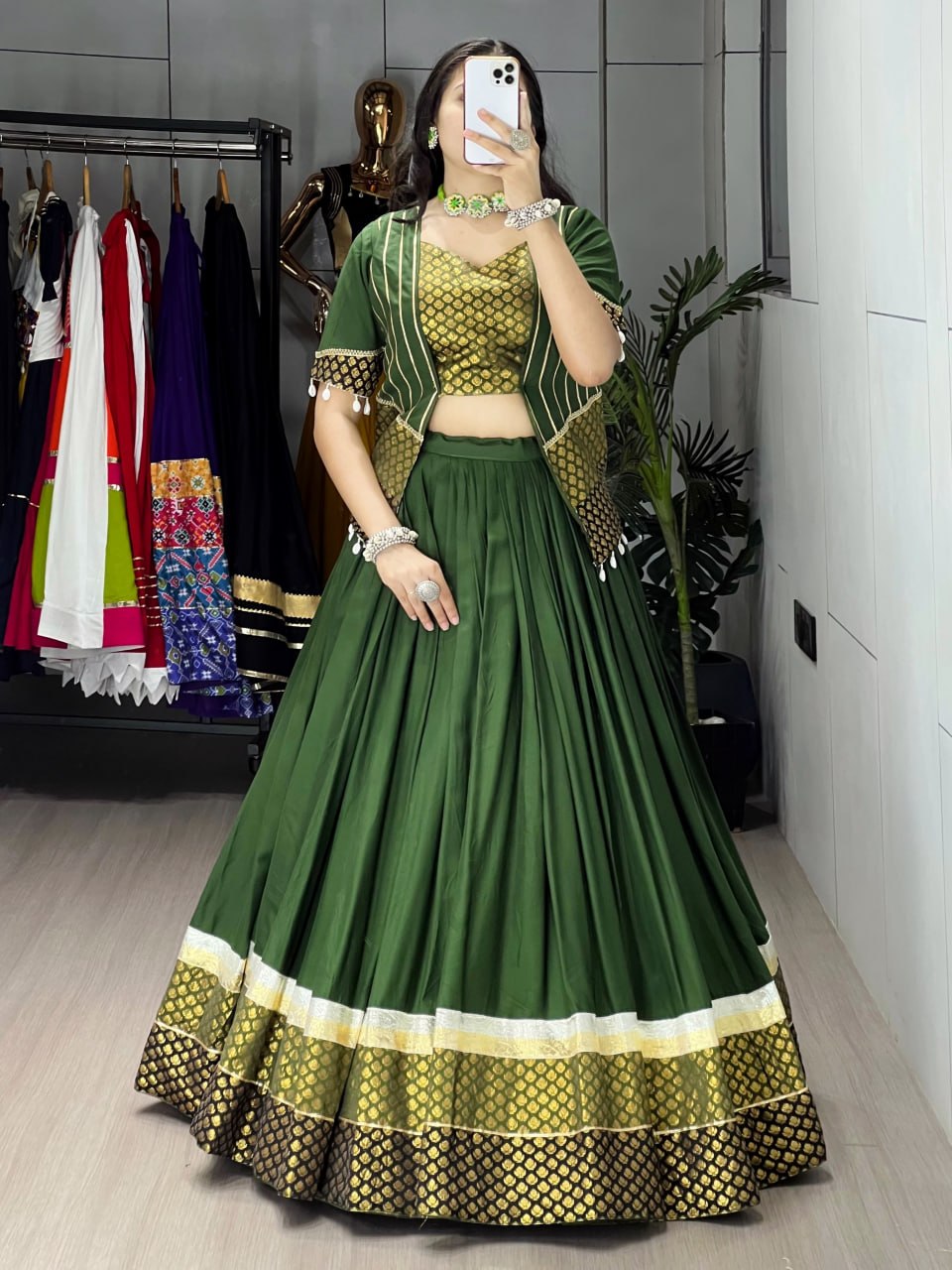Mehndi Pure Rayon Cotton Plain With Silk Butti Daaman Navratri Lehenga Choli
