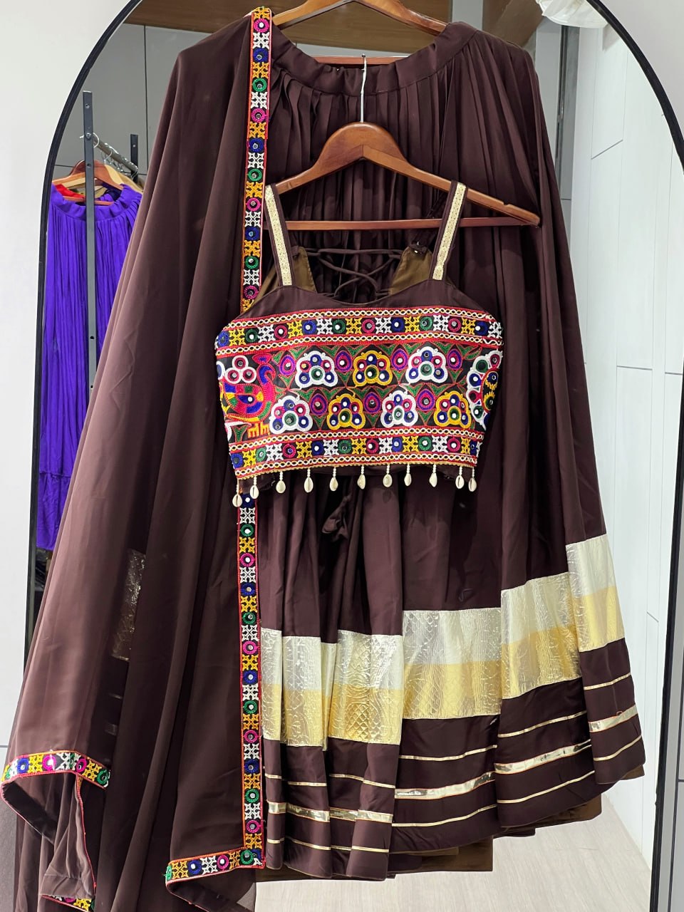 Brown Pure Rayon Cotton Gota Patti Work Navratri Lehenga Choli