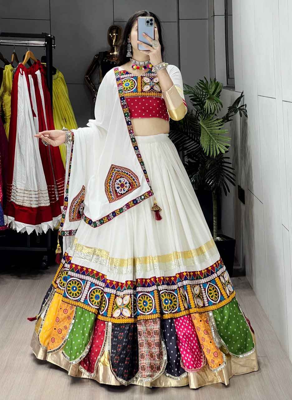 White Pure Rayon Cotton Gota Work Navratri Lehenga Choli