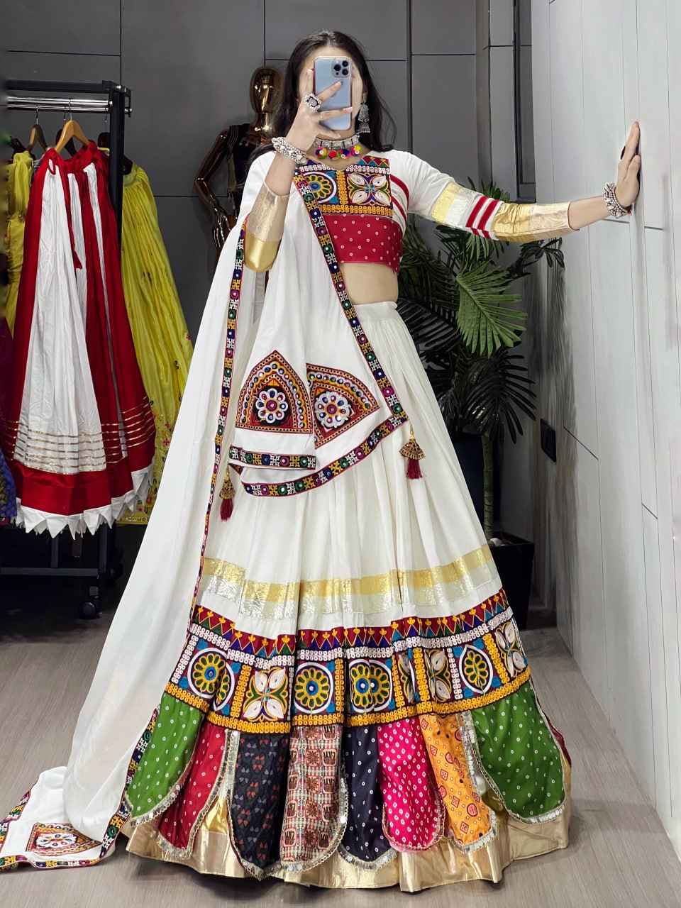 White Pure Rayon Cotton Gota Work Navratri Lehenga Choli