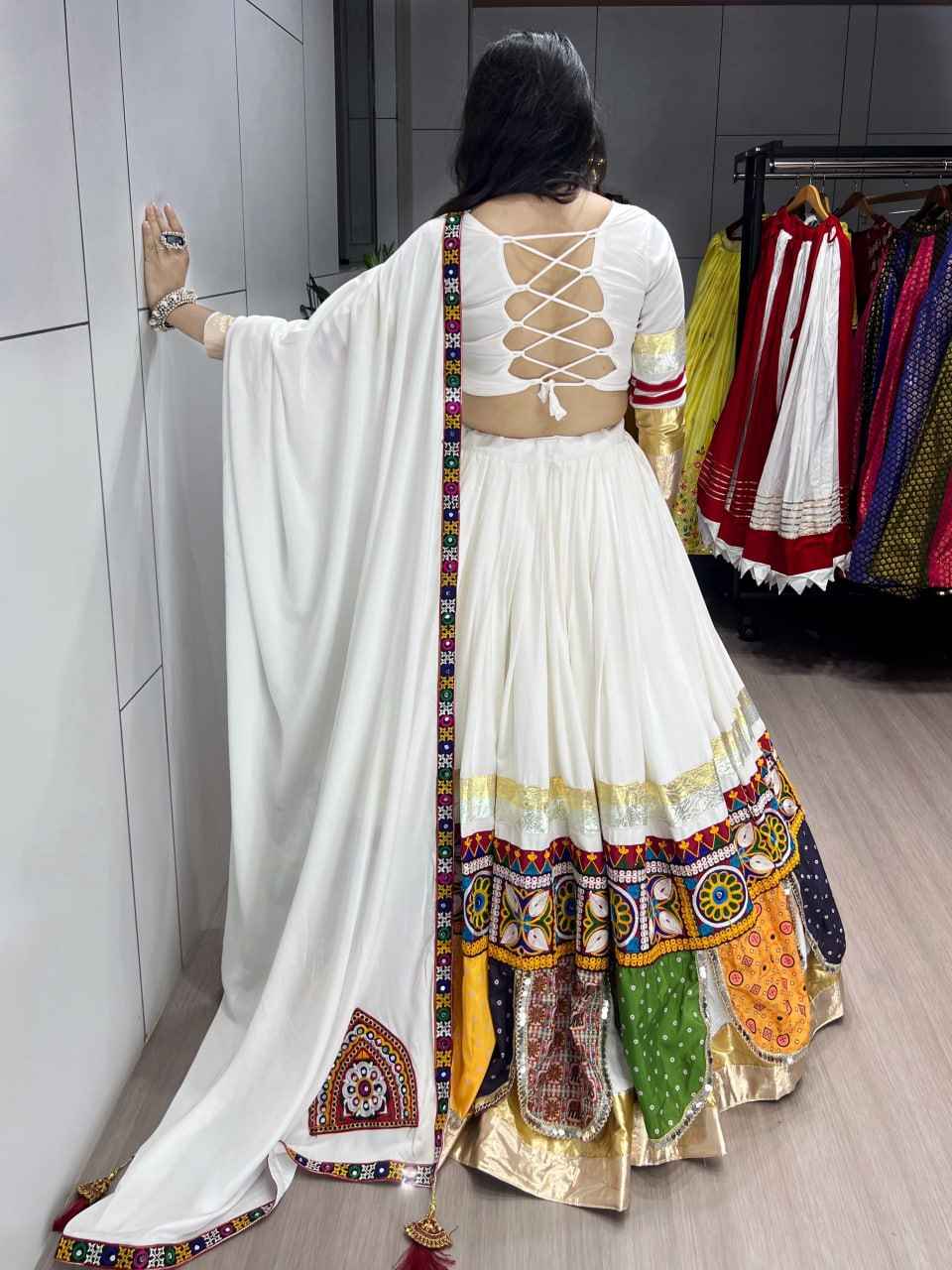 White Pure Rayon Cotton Gota Work Navratri Lehenga Choli