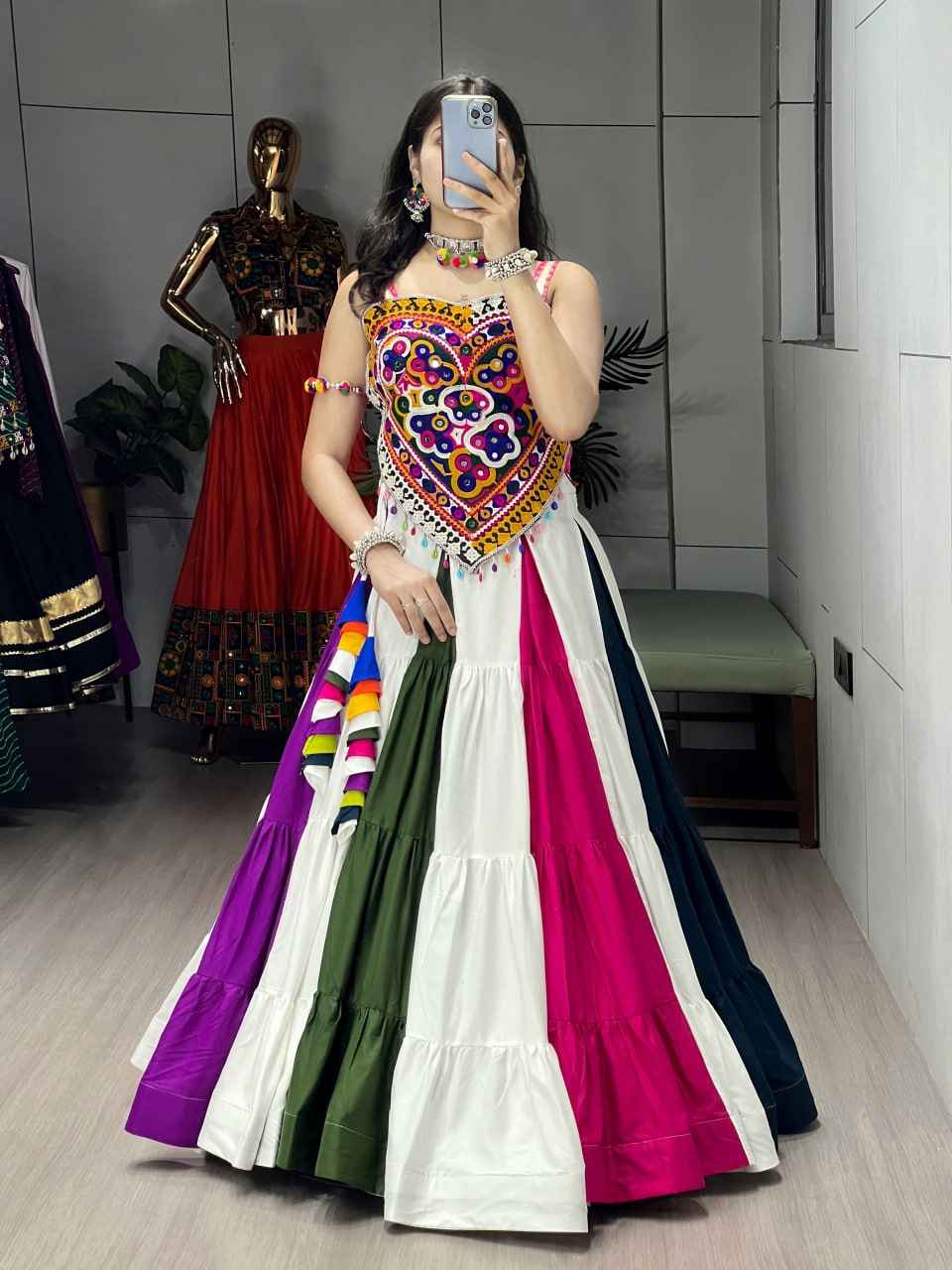 Multicolour Pure Rayon Cotton Navratri Lehenga Choli