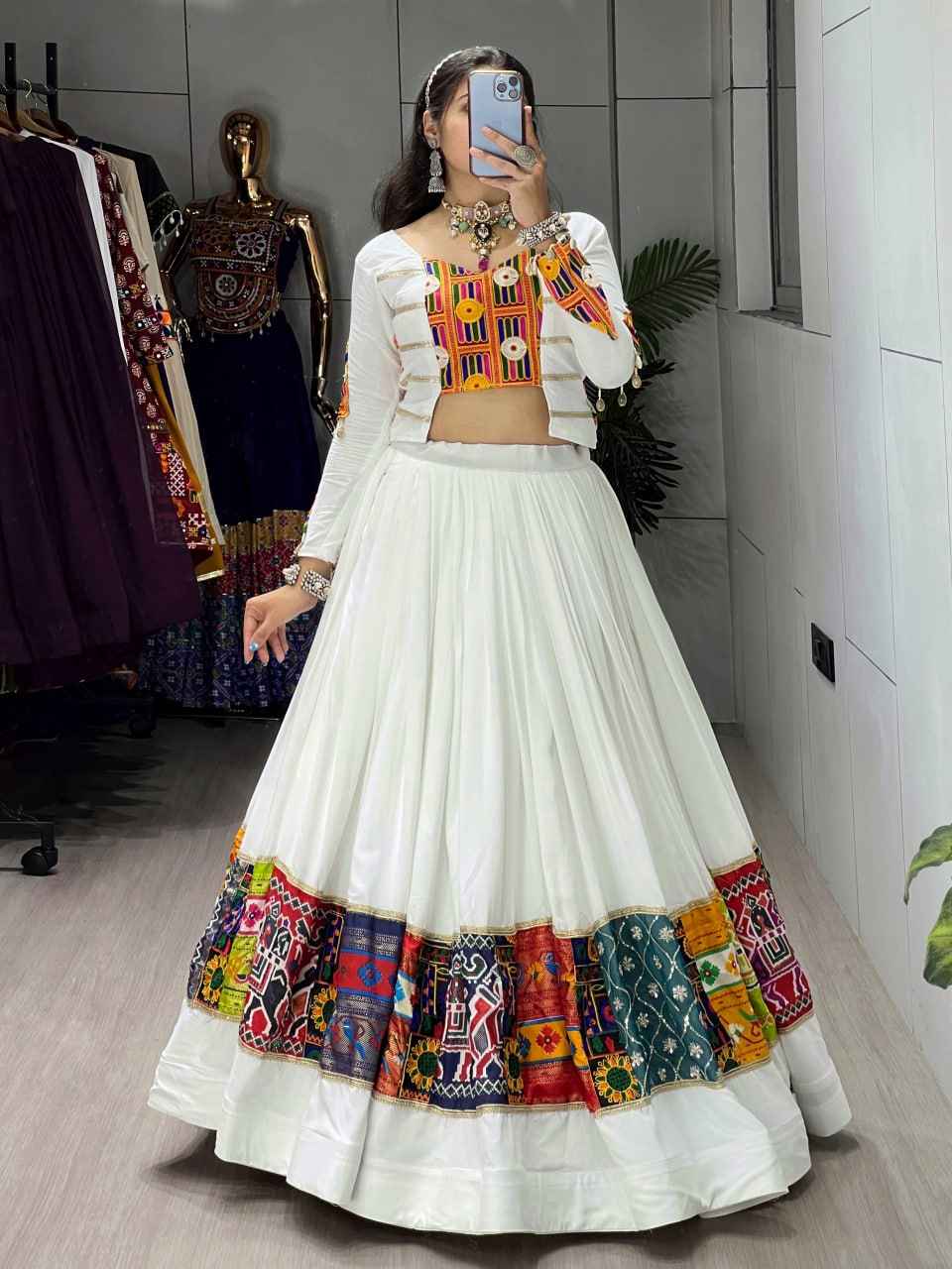 White Pure Rayon Cotton Gota Work Navratri Lehenga Choli