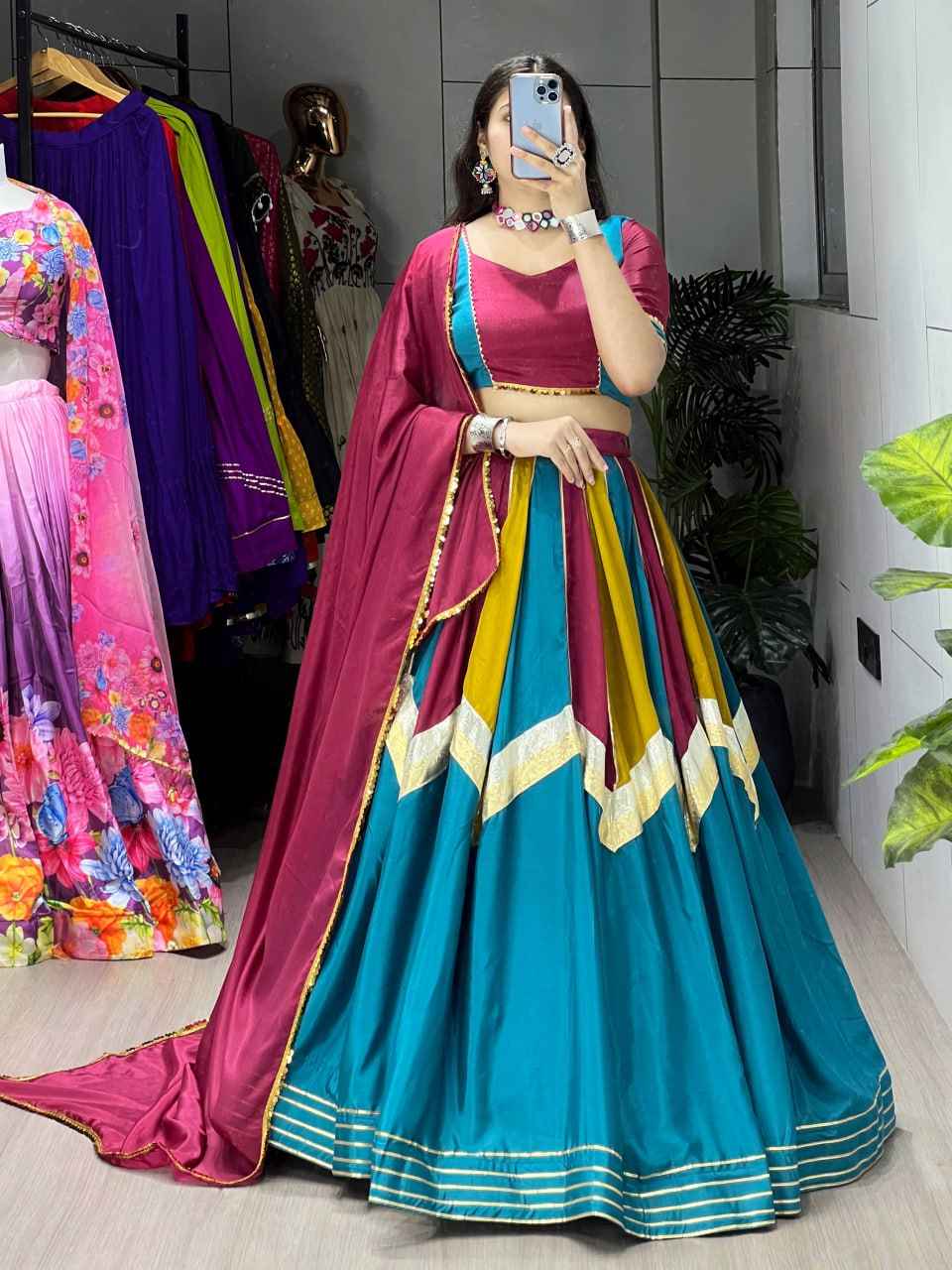 Multicolour Pure Rayon Cotton Navratri Lehenga Choli