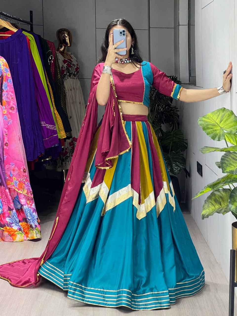 Multicolour Pure Rayon Cotton Navratri Lehenga Choli