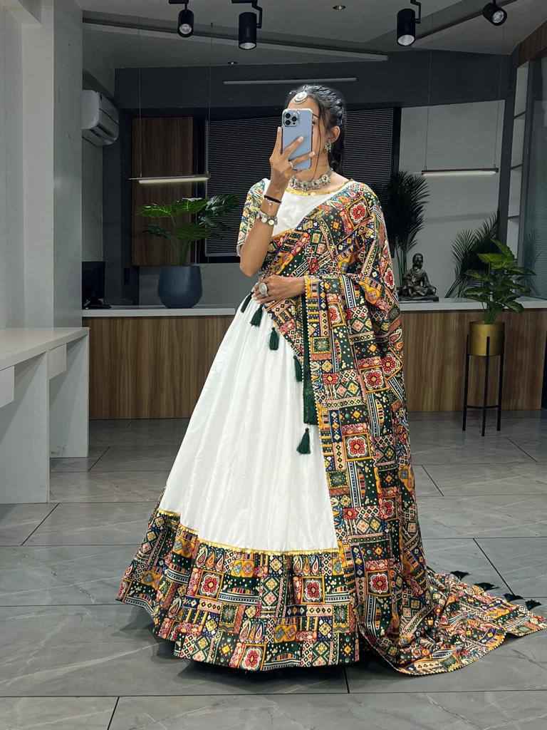 Green Pure Rayon Cotton Printed With Foil on Patch Work Navratri Lehenga Choli