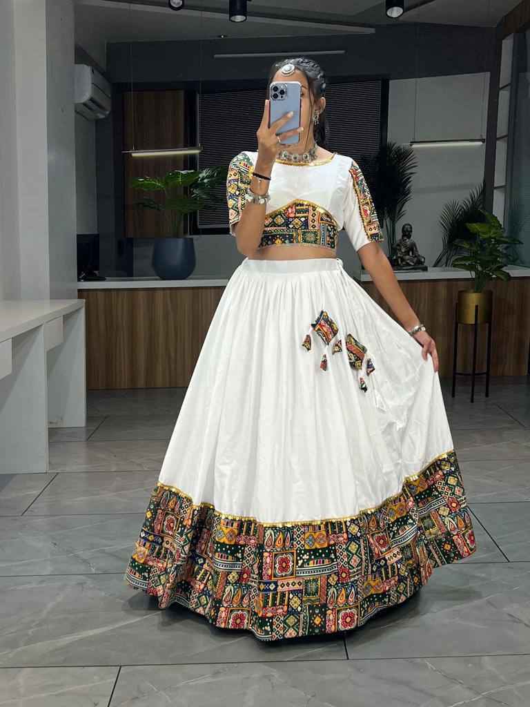 Green Pure Rayon Cotton Printed With Foil on Patch Work Navratri Lehenga Choli