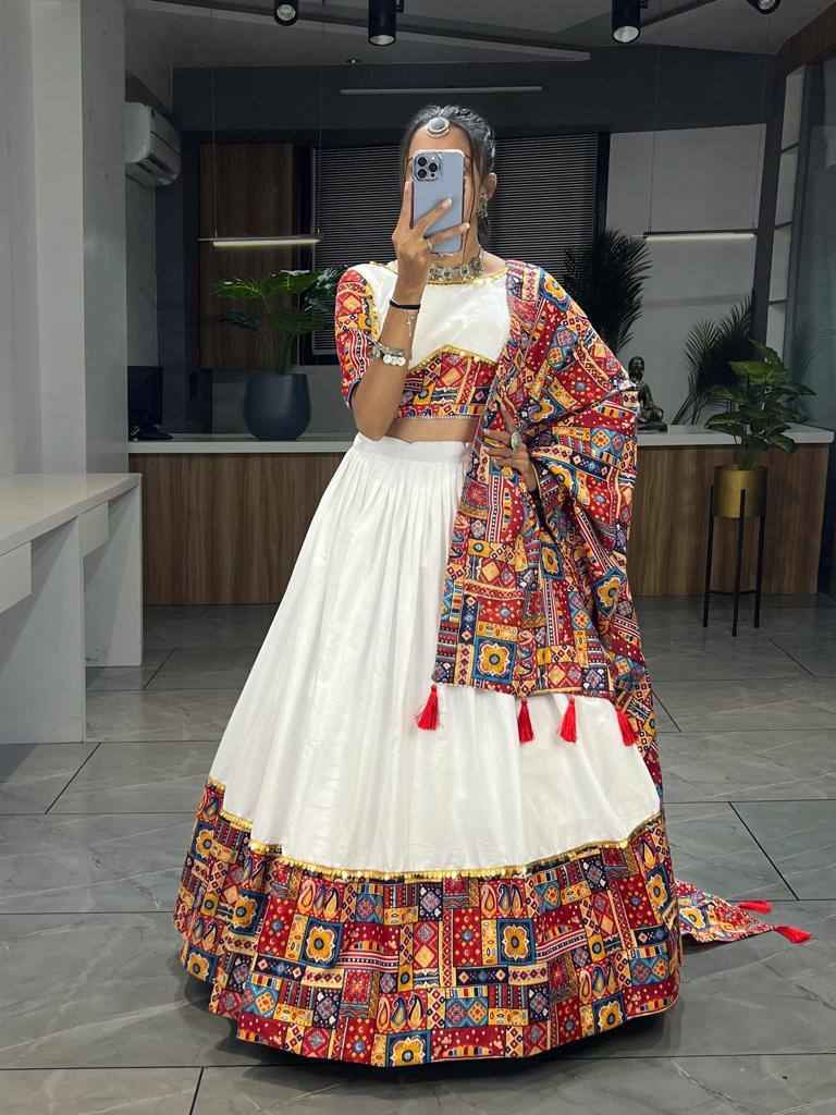 Red Pure Rayon Cotton Printed With Foil on Patch Work Navratri Lehenga Choli