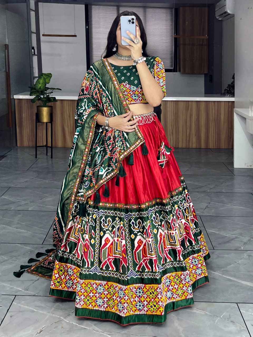 Red Pure Dola Silk Patola and Paithani Print Navratri Lehenga Choli