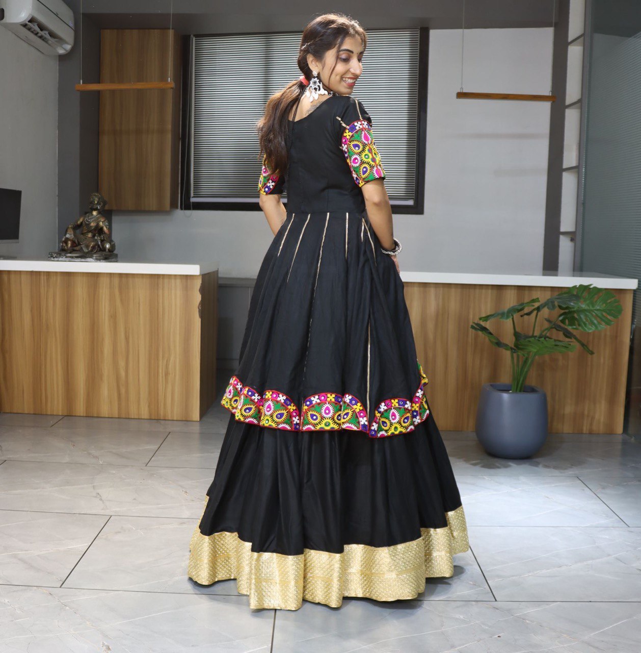Black Pure Rayon Cotton Plain With Golden Zari Weaving Work Navratri Lehenga Choli