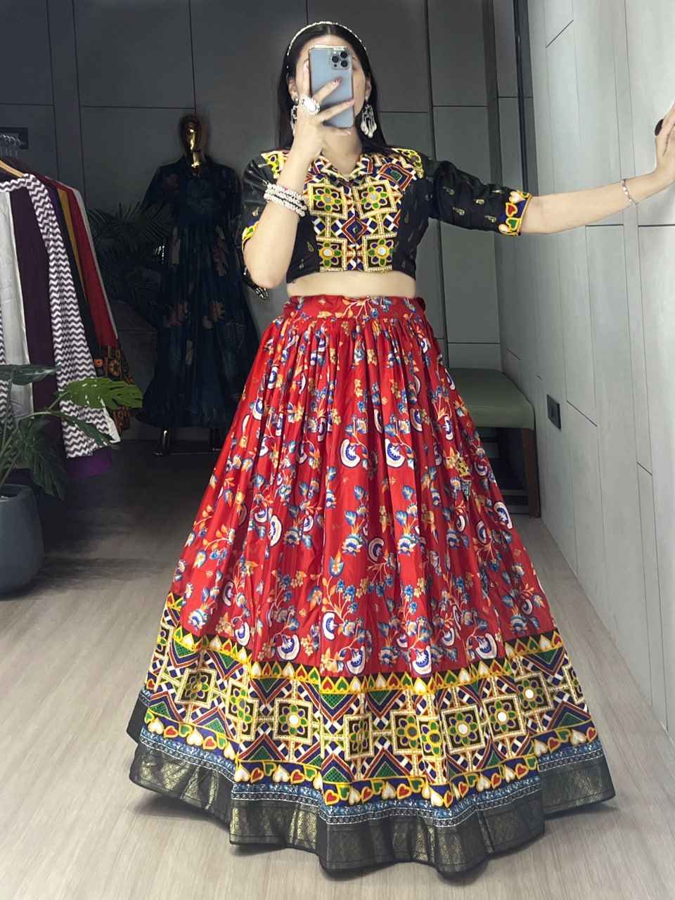 Red Pure Soft Silk Floral Prints With Traditional Kutchi Work Navratri Lehenga Choli
