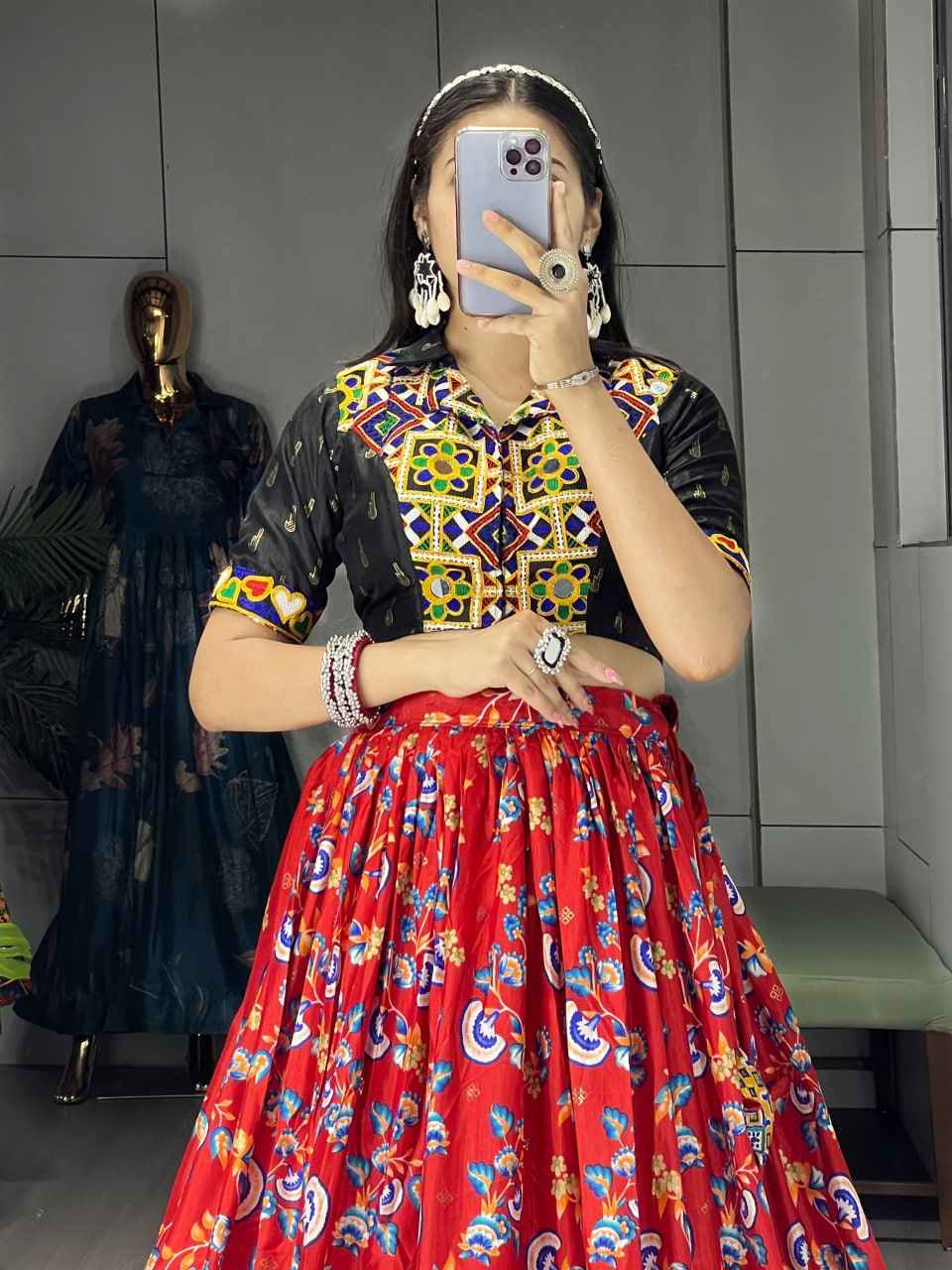 Red Pure Soft Silk Floral Prints With Traditional Kutchi Work Navratri Lehenga Choli