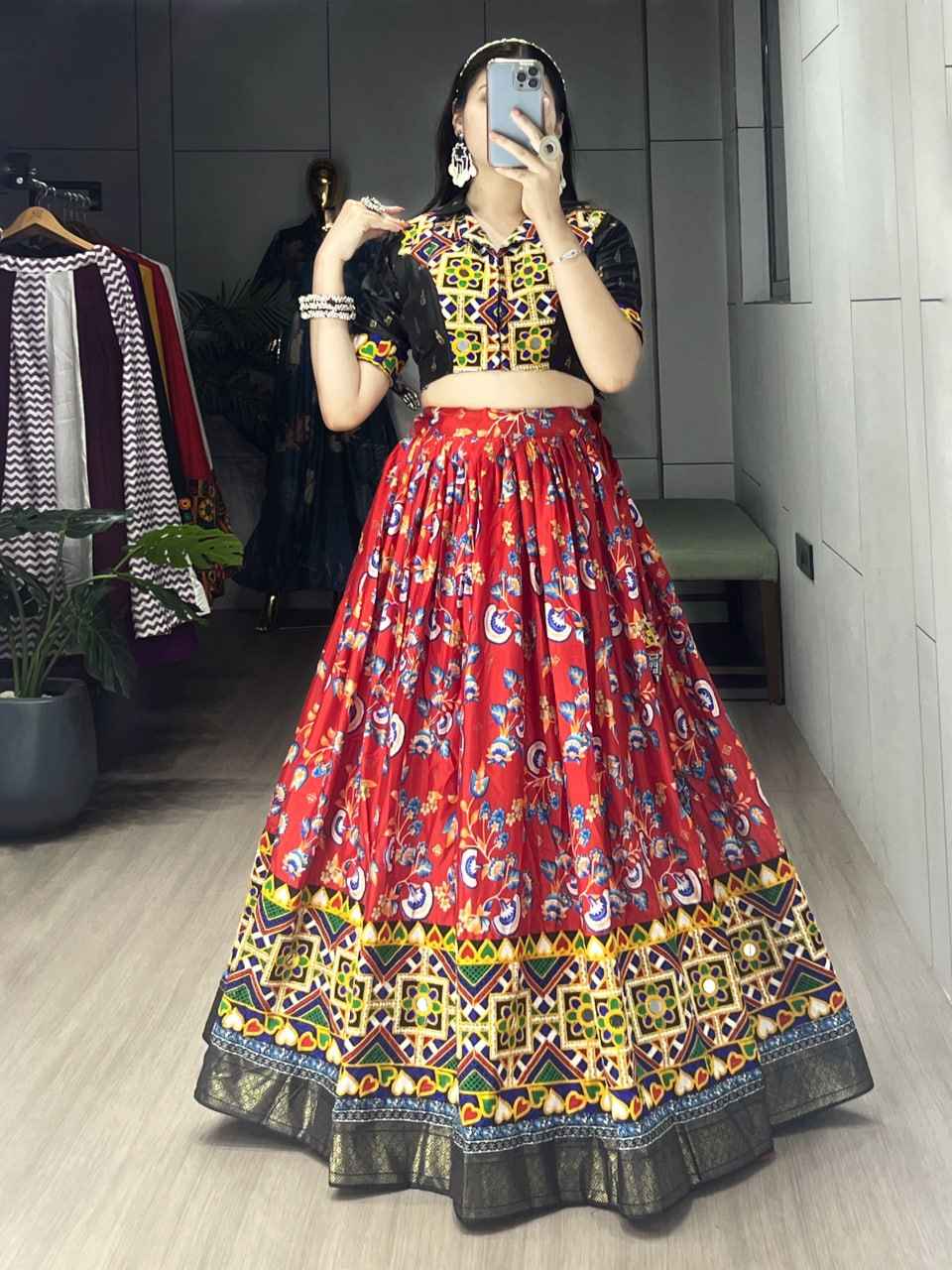 Red Pure Soft Silk Floral Prints With Traditional Kutchi Work Navratri Lehenga Choli