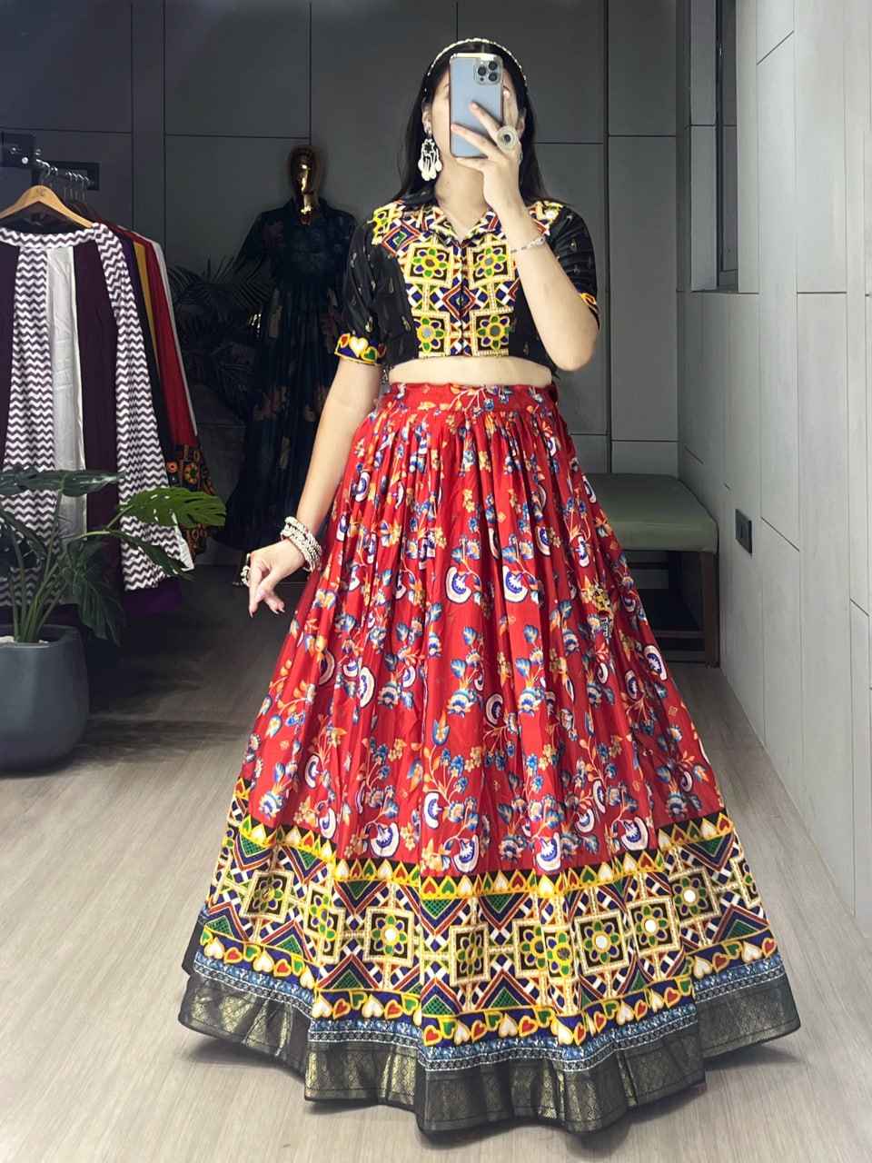 Red Pure Soft Silk Floral Prints With Traditional Kutchi Work Navratri Lehenga Choli
