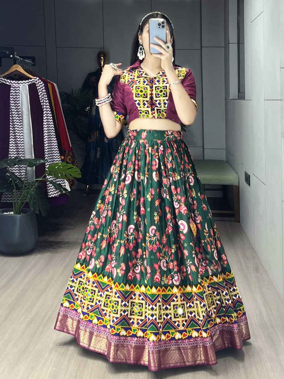 Green Pure Soft Silk Floral Prints With Traditional Kutchi Work Navratri Lehenga Choli