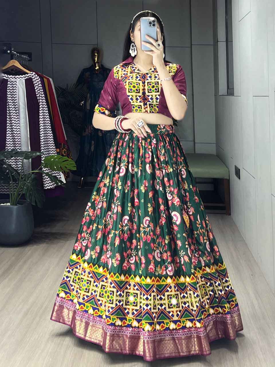 Green Pure Soft Silk Floral Prints With Traditional Kutchi Work Navratri Lehenga Choli