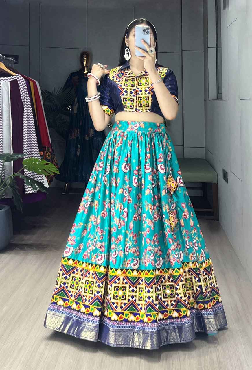Sky Pure Soft Silk Floral Prints With Traditional Kutchi Work Navratri Lehenga Choli