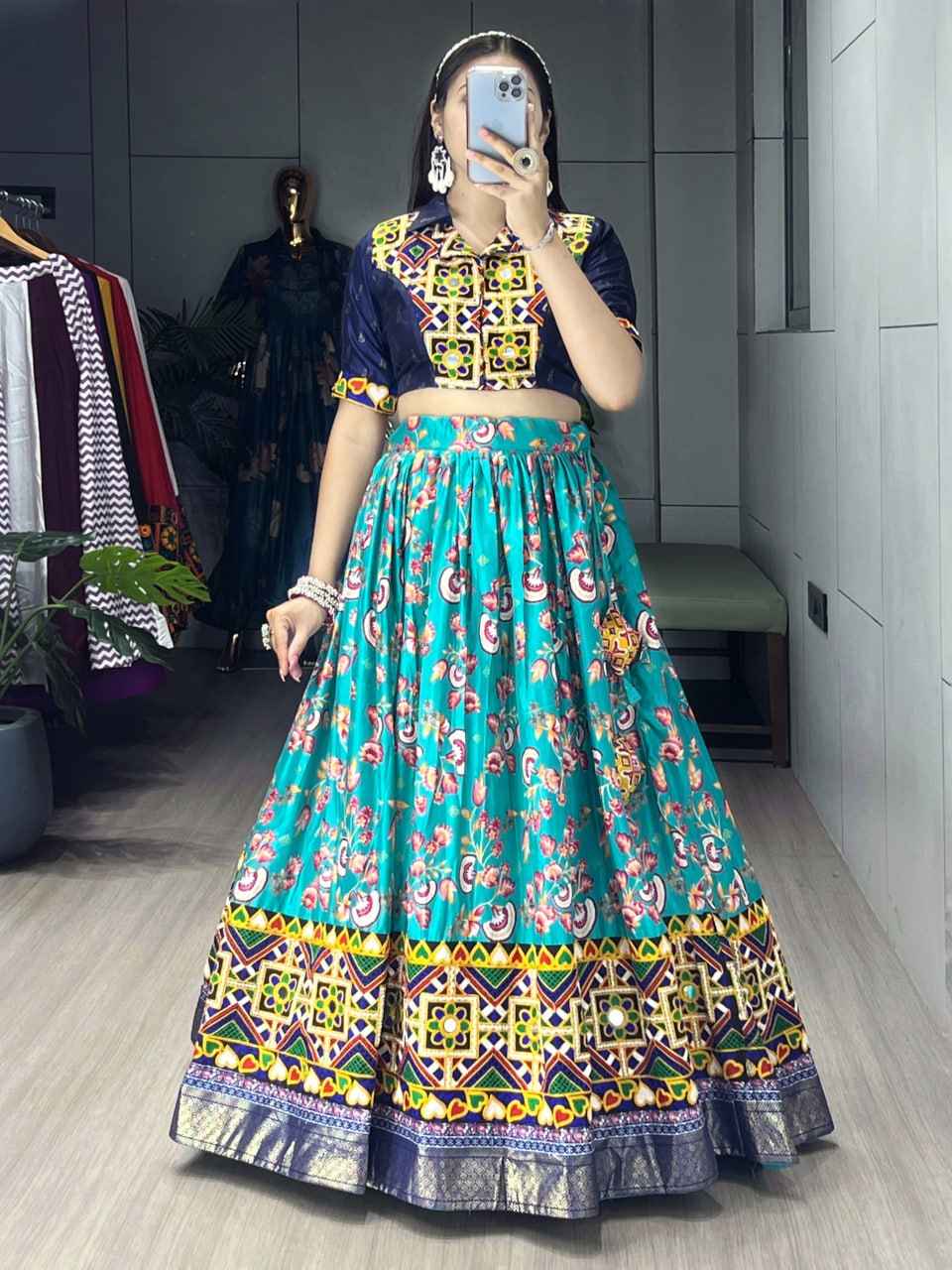 Sky Pure Soft Silk Floral Prints With Traditional Kutchi Work Navratri Lehenga Choli
