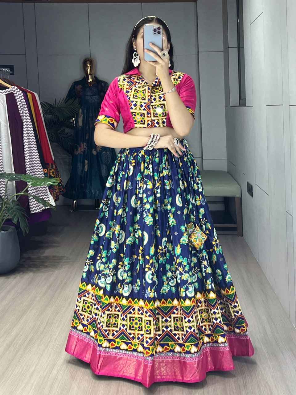 Blue Pure Soft Silk Floral Prints With Traditional Kutchi Work Navratri Lehenga Choli