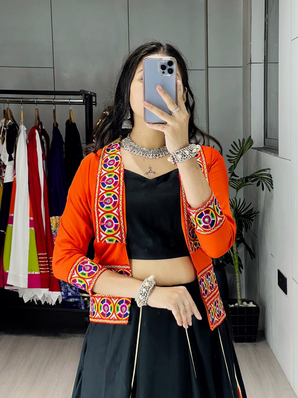Orange Pure Rayon Cotton Multi Colored Gota Patti Work Navratri Lehenga Choli