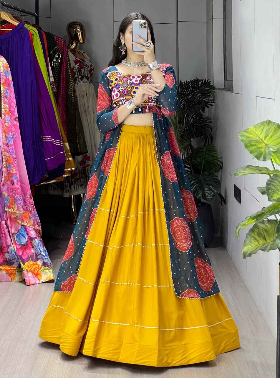 Yellow Rama Pure Pure Rayon Cotton Plain Gota Patti Micro Navratri Lehenga Choli