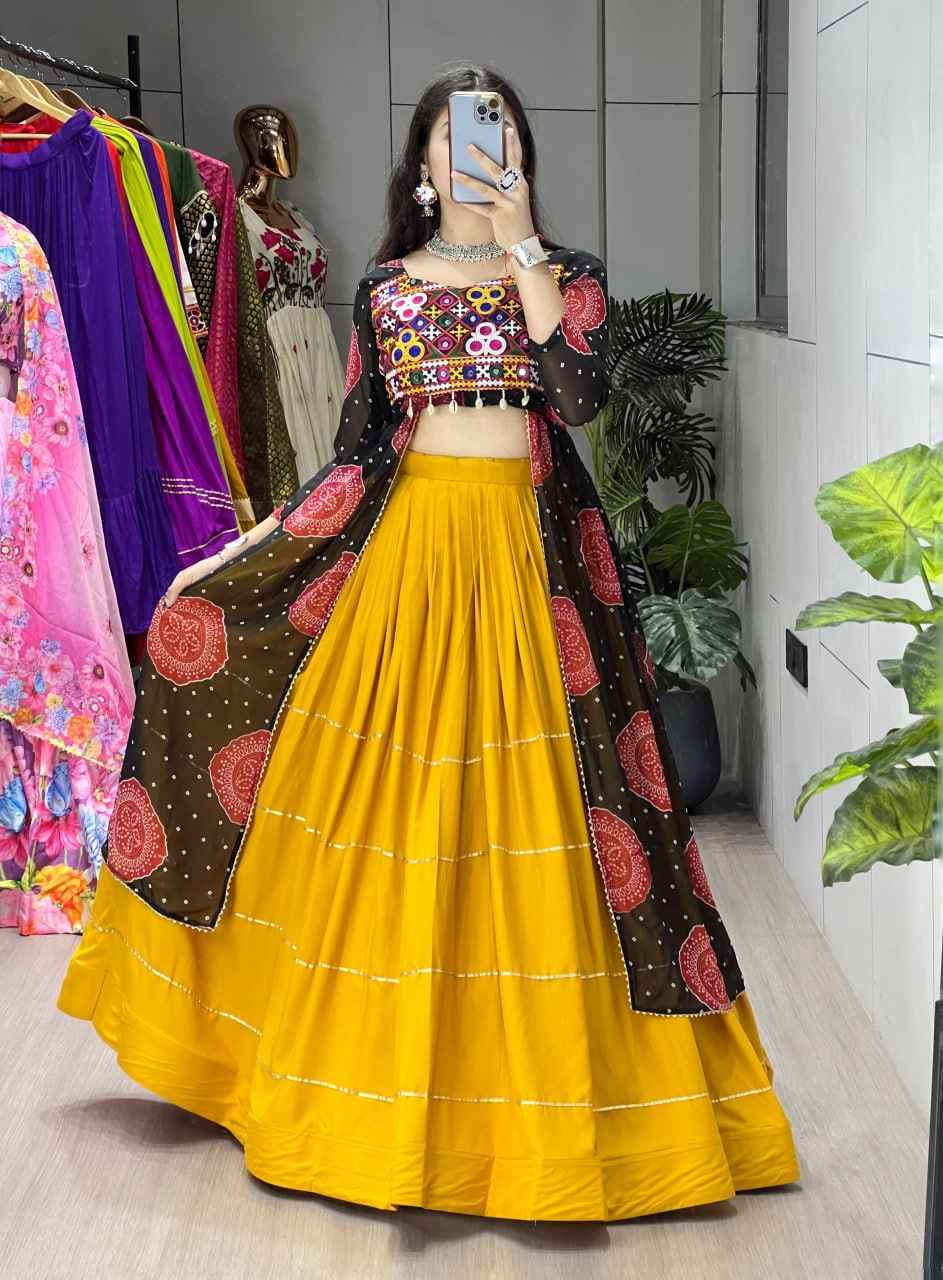 Yellow Black Pure Pure Rayon Cotton Plain Gota Patti Micro Navratri Lehenga Choli
