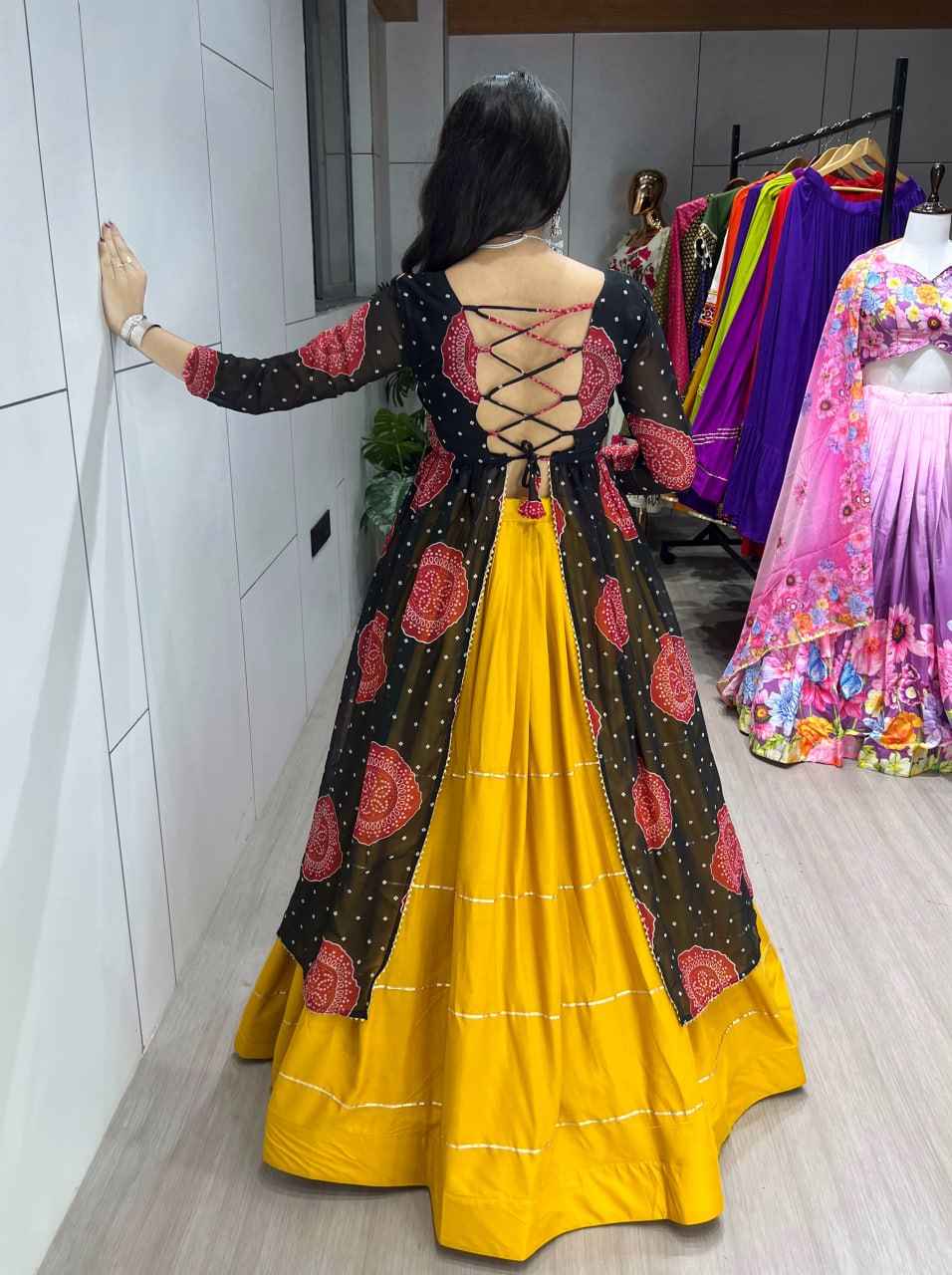 Yellow Black Pure Pure Rayon Cotton Plain Gota Patti Micro Navratri Lehenga Choli