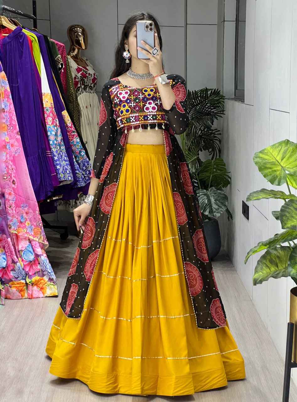 Yellow Black Pure Pure Rayon Cotton Plain Gota Patti Micro Navratri Lehenga Choli