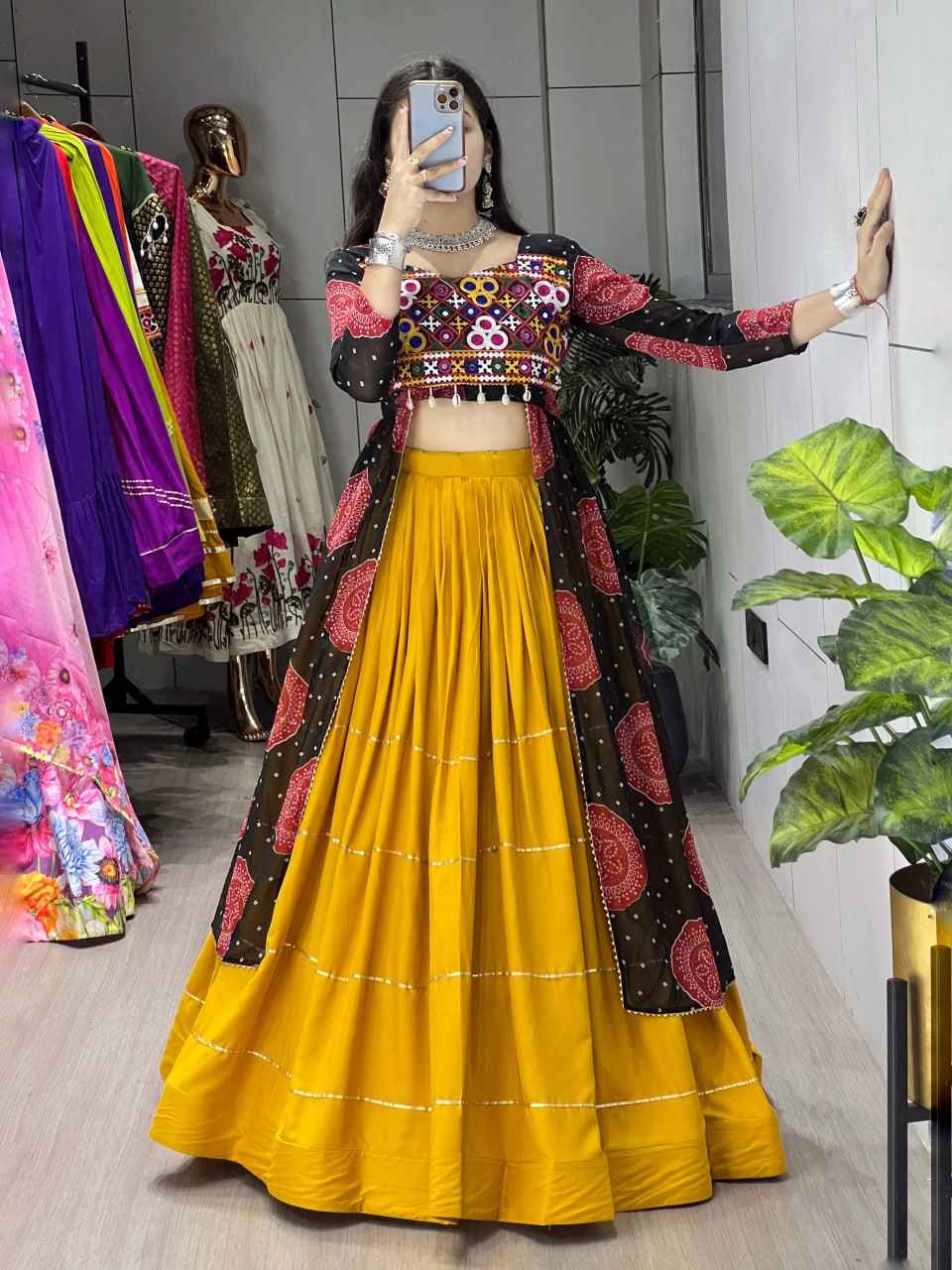 Yellow Black Pure Pure Rayon Cotton Plain Gota Patti Micro Navratri Lehenga Choli