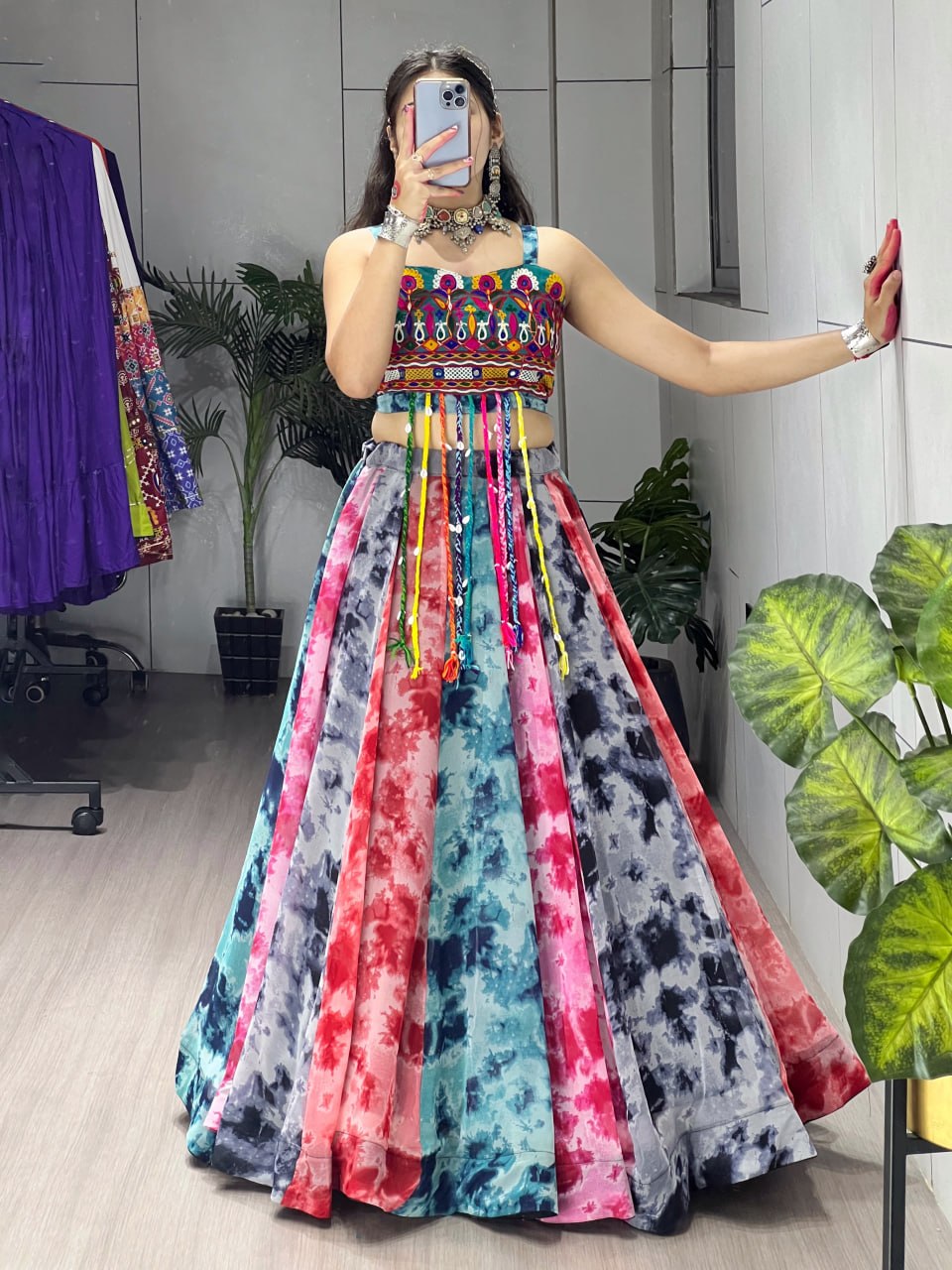 Yellow Rama Pure Faux Gorgette Shibori Printed Navratri Lehenga Choli