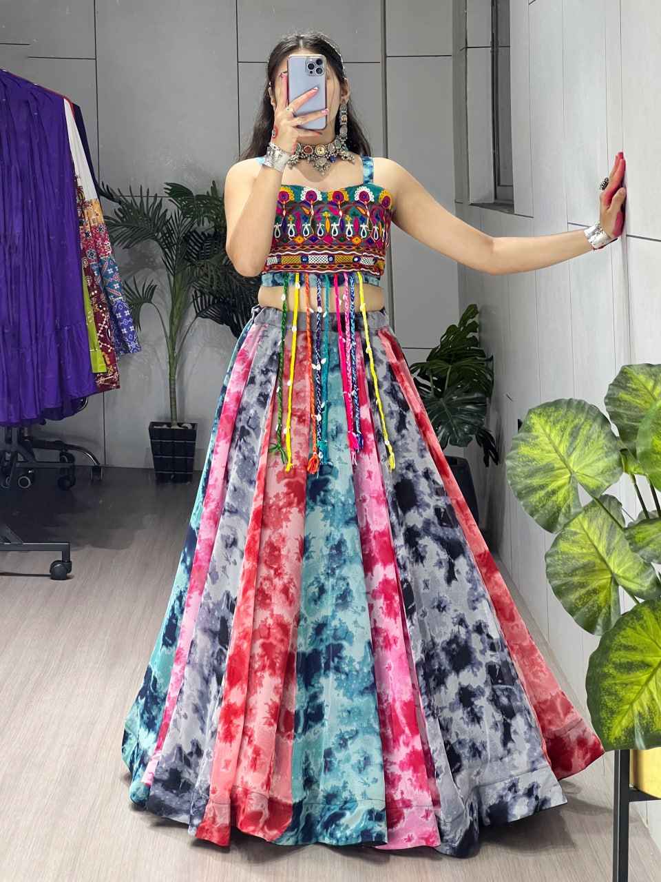 Yellow Rama Pure Faux Gorgette Shibori Printed Navratri Lehenga Choli