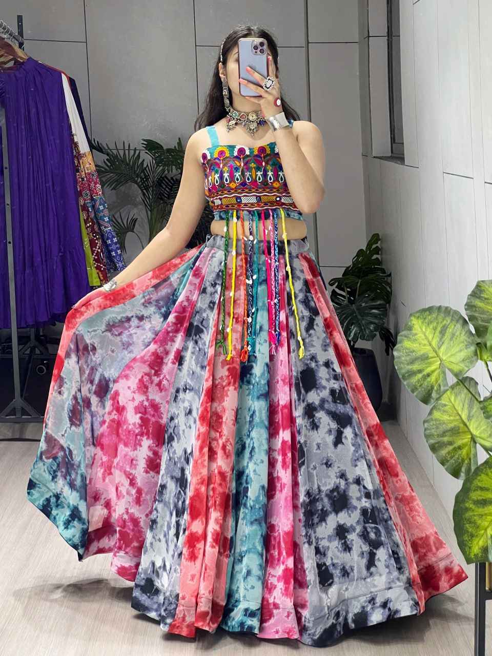Yellow Rama Pure Faux Gorgette Shibori Printed Navratri Lehenga Choli