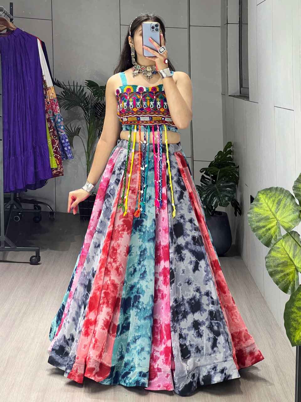 Yellow Rama Pure Faux Gorgette Shibori Printed Navratri Lehenga Choli
