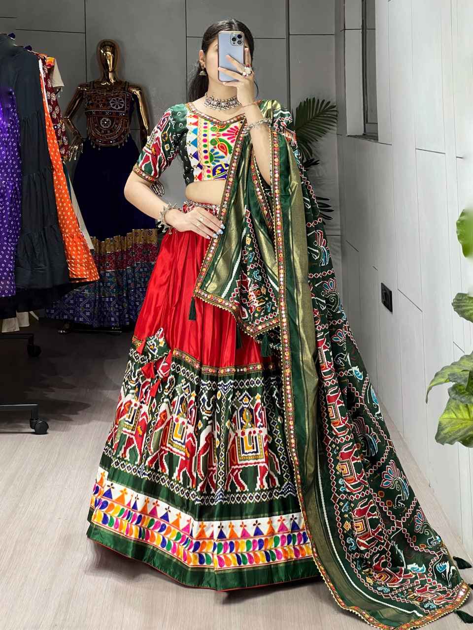 Red Pure Dola Silk Patola Print with Gamthi Navratri Lehenga Choli
