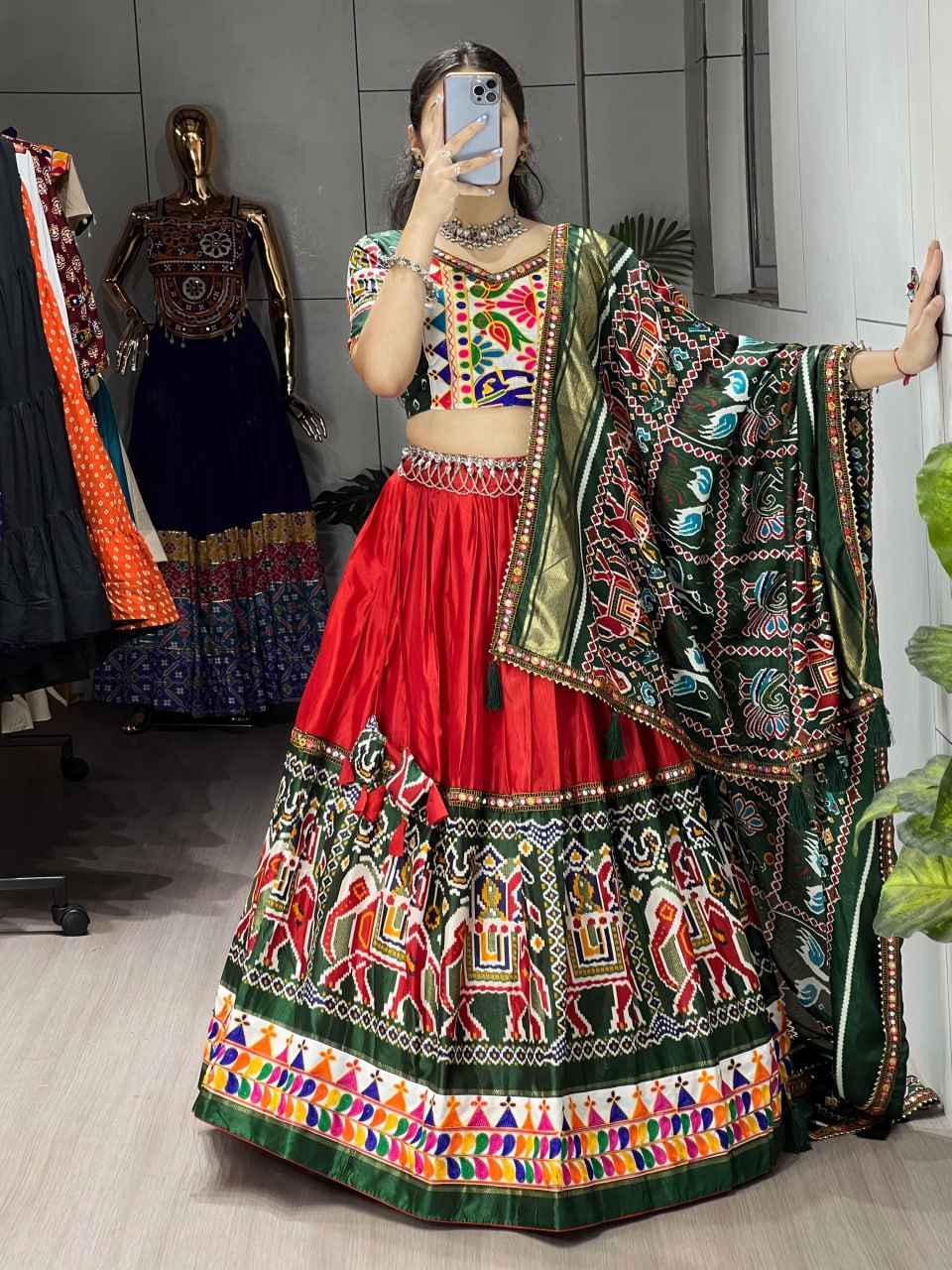 Red Pure Dola Silk Patola Print with Gamthi Navratri Lehenga Choli