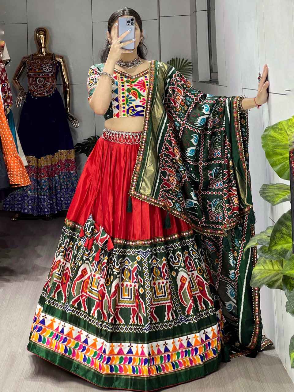 Red Pure Dola Silk Patola Print with Gamthi Navratri Lehenga Choli