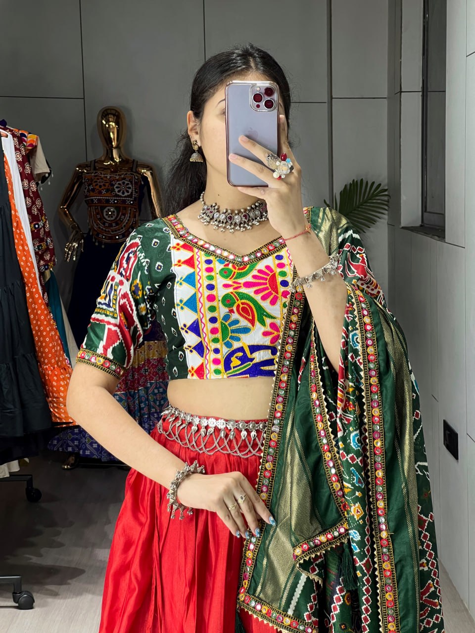 Red Pure Dola Silk Patola Print with Gamthi Navratri Lehenga Choli