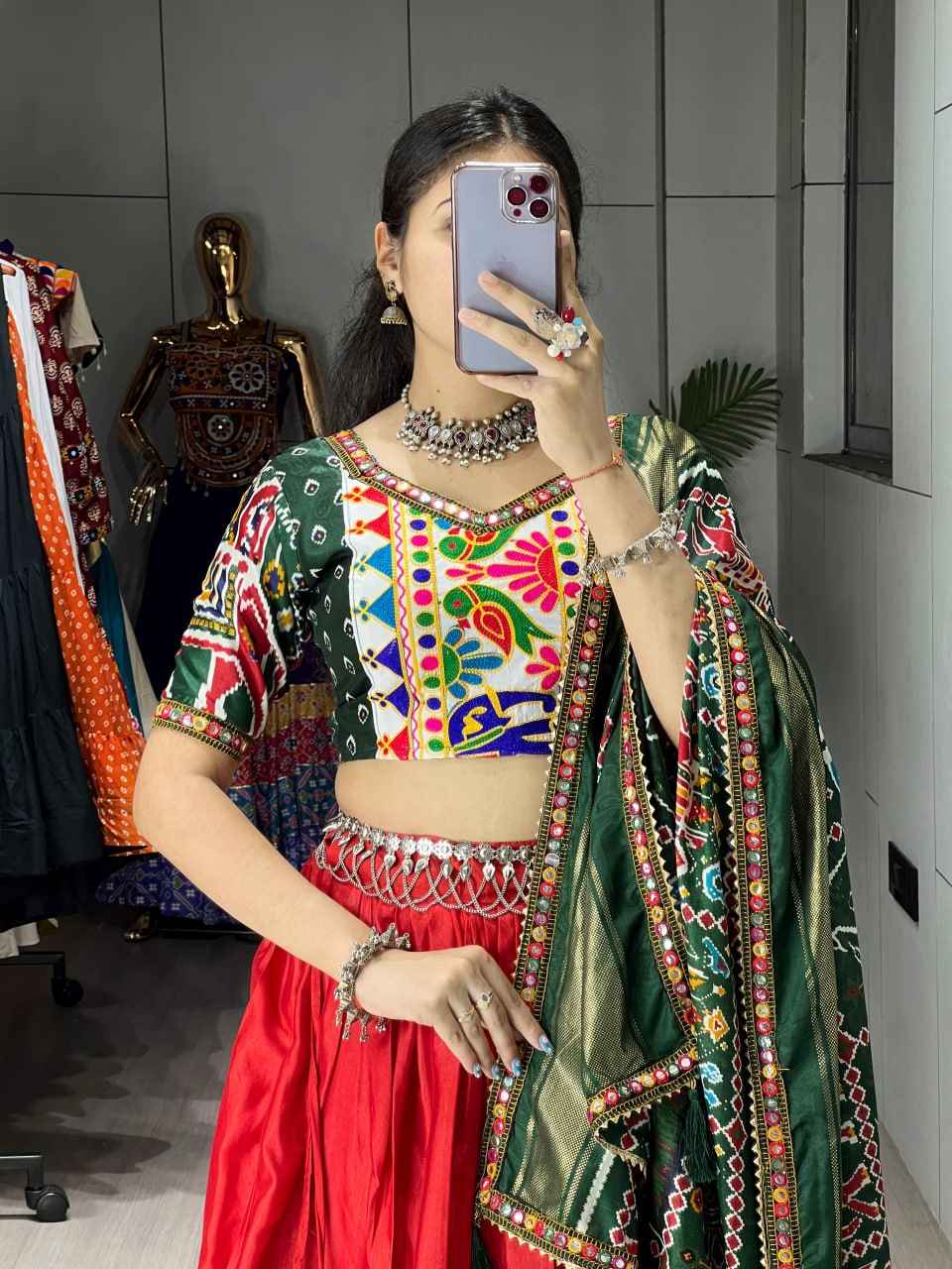 Red Pure Dola Silk Patola Print with Gamthi Navratri Lehenga Choli
